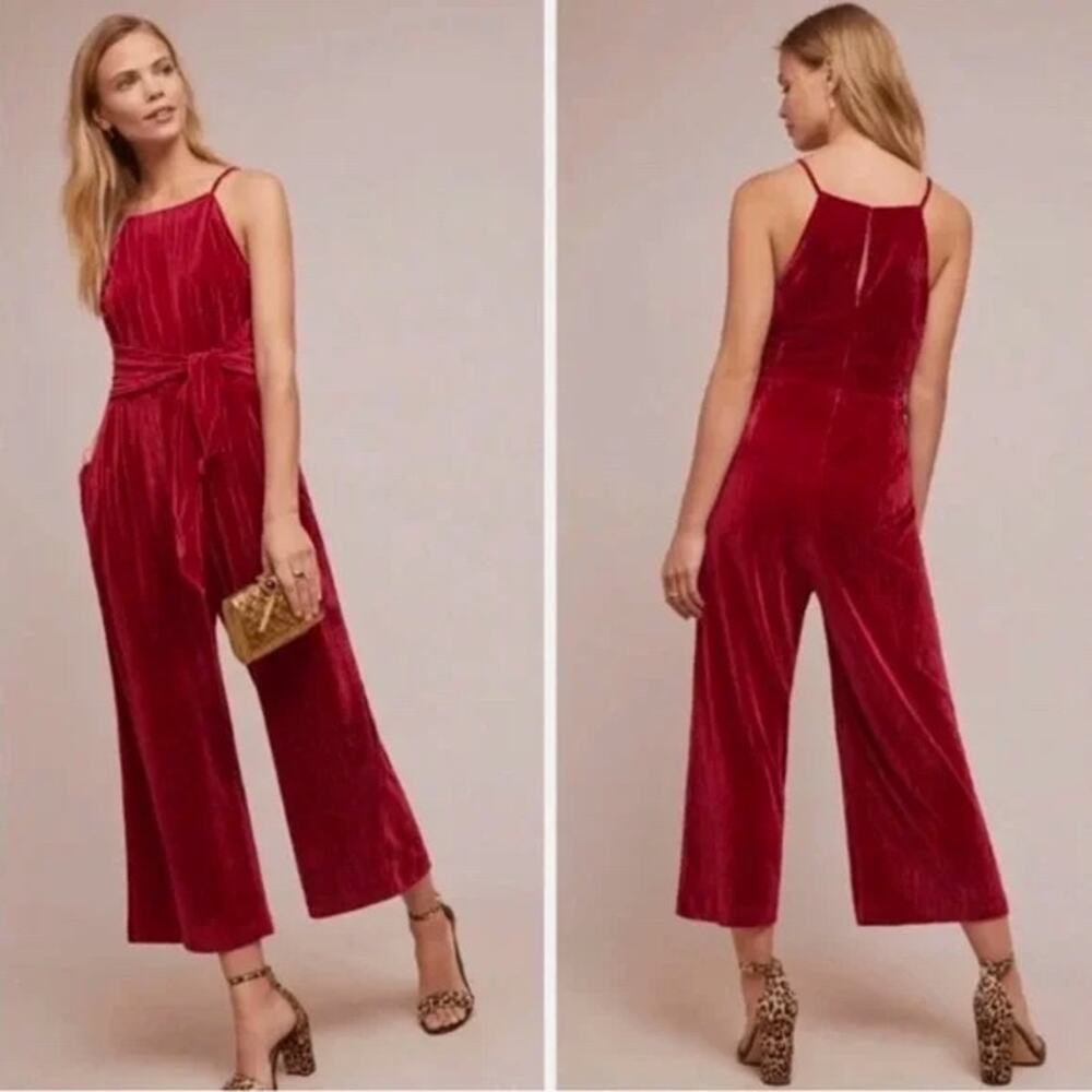 Greylin Anthropologie Crimson Red Ribbed Velvet Wide Leg Jumpsuit Pockets XL